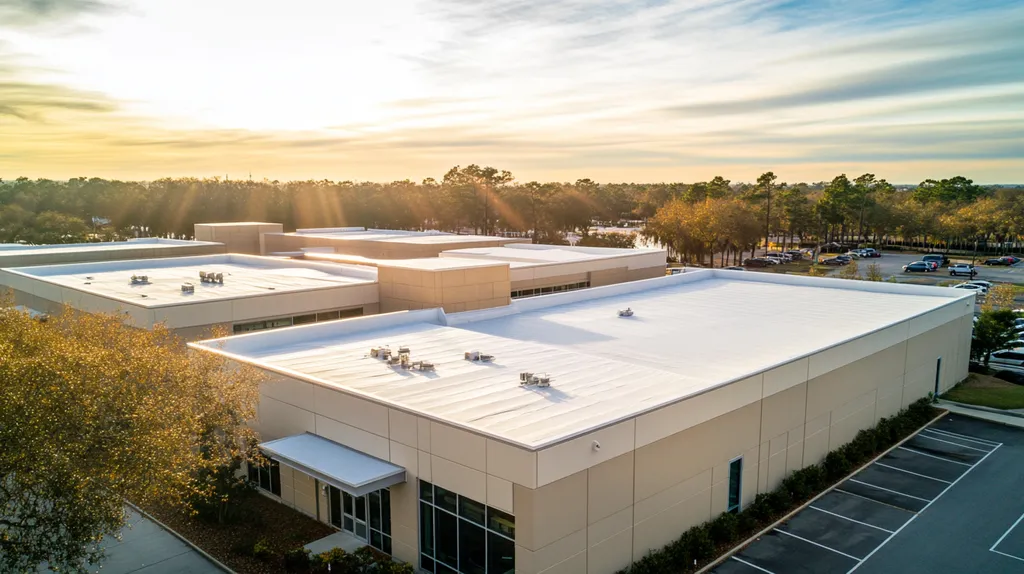 A commercial roof on a research laboratory in a location similar to Charleston with a light beams aesthetic (AI image)