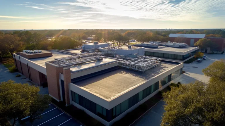 A commercial roof on a laboratory in a location similar to Charleston with a light beams aesthetic (AI image)