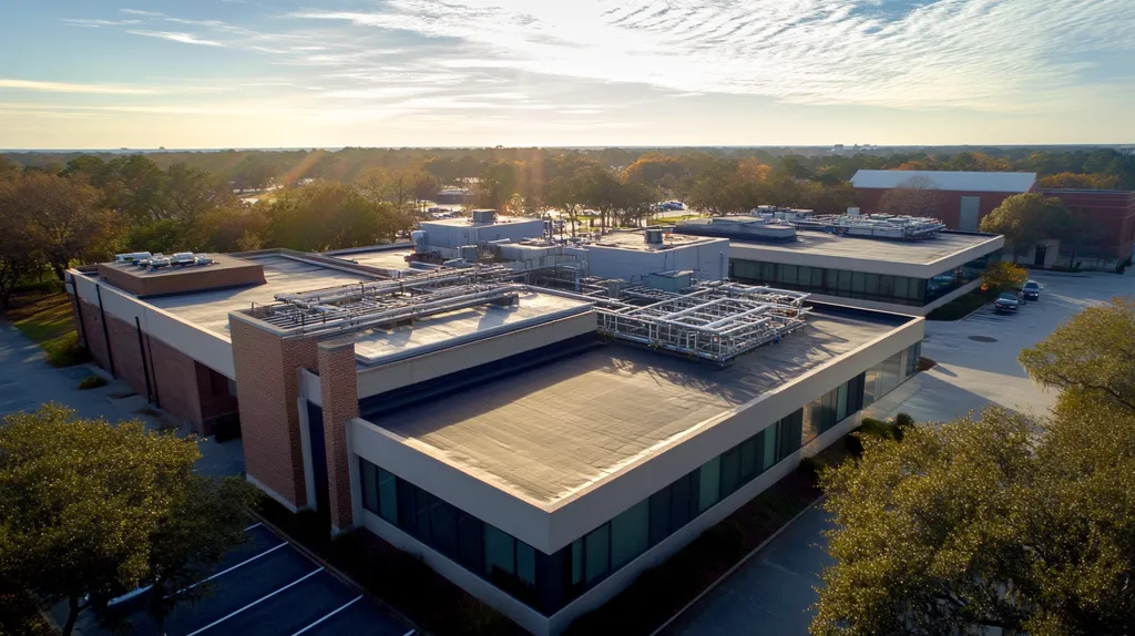A commercial roof on a laboratory in a location similar to Charleston with a light beams aesthetic (AI image)