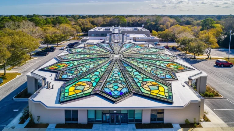 A commercial roof on a research laboratory in a location similar to Charleston with a stained glass style aesthetic (AI image)