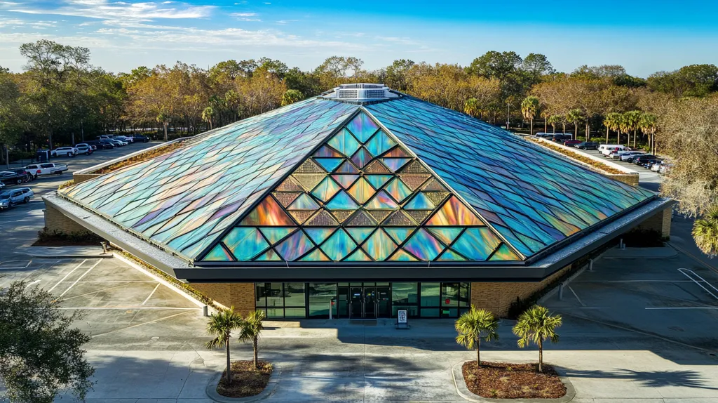 A commercial roof on a research laboratory in a location similar to Charleston with a stained glass style aesthetic (AI image)
