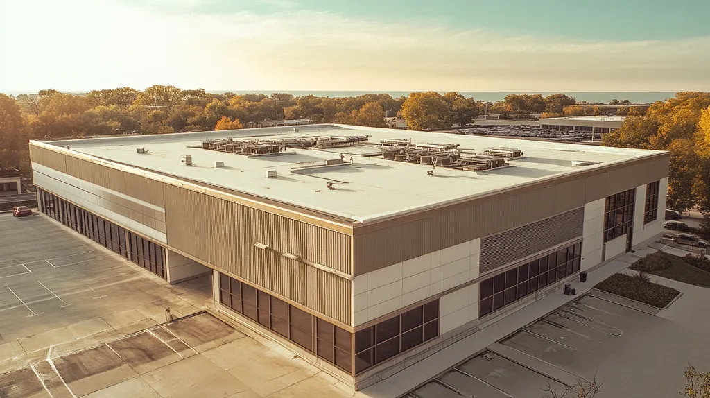A commercial roof on a research laboratory in a location similar to Chicago with an architectural sketch rendering aesthetic (AI image)