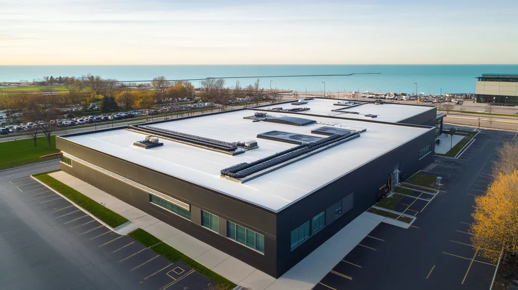 A commercial roof on a research laboratory in a location similar to Chicago with a futuristic aesthetic (AI image)