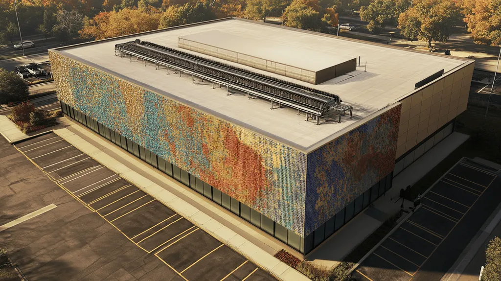 A commercial roof on a research laboratory in a location similar to Chicago with a mosaic tile art aesthetic (AI image)