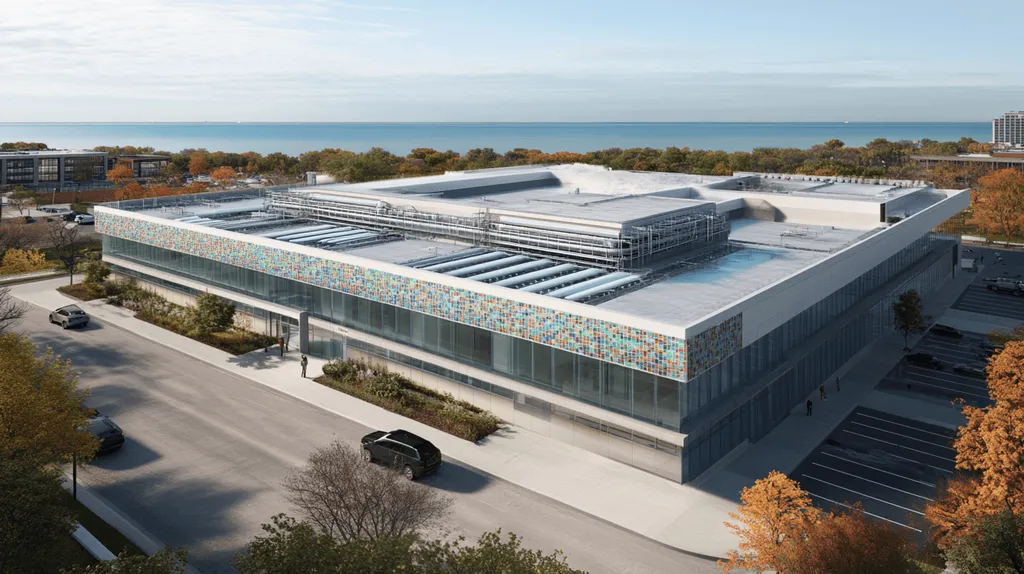 A commercial roof on a research laboratory in a location similar to Chicago with a mosaic tile art aesthetic (AI image)