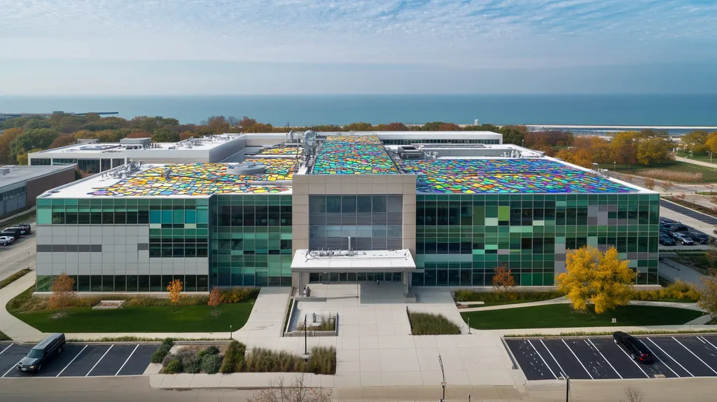 A commercial roof on a research laboratory in a location similar to Chicago with a stained glass style aesthetic (AI image)