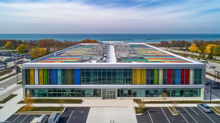 A commercial roof on a research laboratory in a location similar to Chicago with a stained glass style aesthetic (AI image)