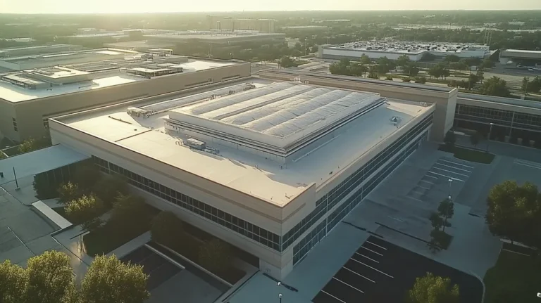 A commercial roof on a laboratory in a location similar to Dallas with an ethereal glow aesthetic (AI image)