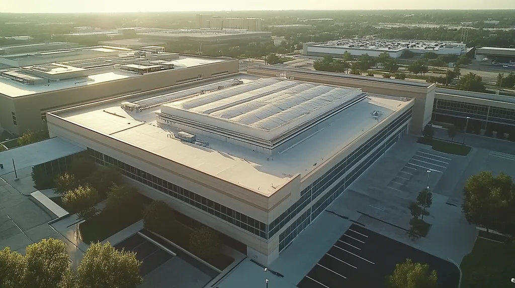 A commercial roof on a laboratory in a location similar to Dallas with an ethereal glow aesthetic (AI image)