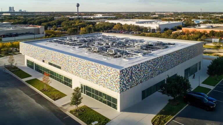 A commercial roof on a research laboratory in a location similar to Dallas with a mosaic tile art aesthetic (AI image)