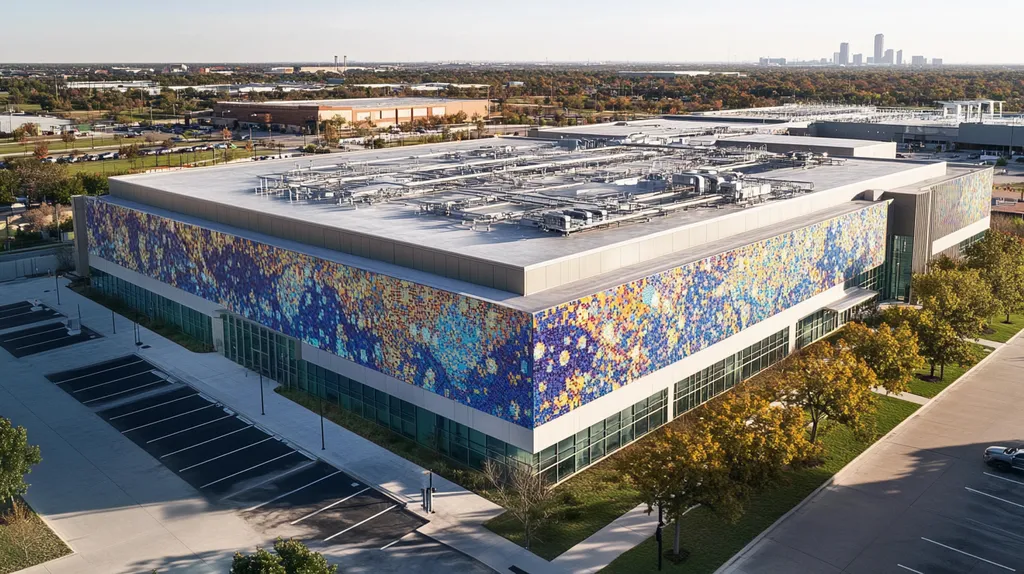 A commercial roof on a research laboratory in a location similar to Dallas with a mosaic tile art aesthetic (AI image)