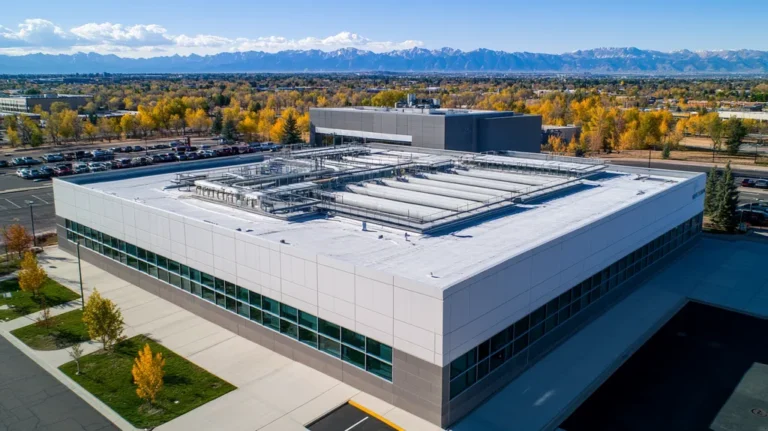 A commercial roof on a research laboratory in a location similar to Denver with an architectural photography aesthetic (AI image)