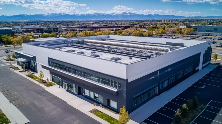 A commercial roof on a research laboratory in a location similar to Denver with an architectural photography aesthetic (AI image)