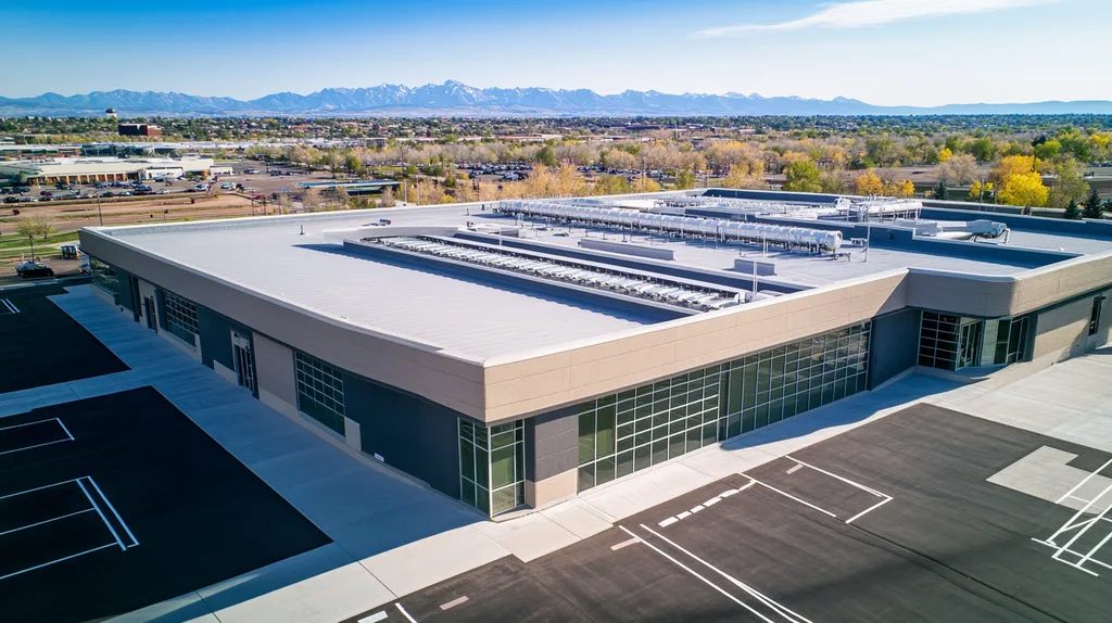 A commercial roof on a research laboratory in a location similar to Denver with an architectural photography aesthetic (AI image)