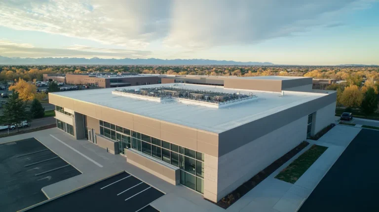 A commercial roof on a research laboratory in a location similar to Denver with a light beams aesthetic (AI image)
