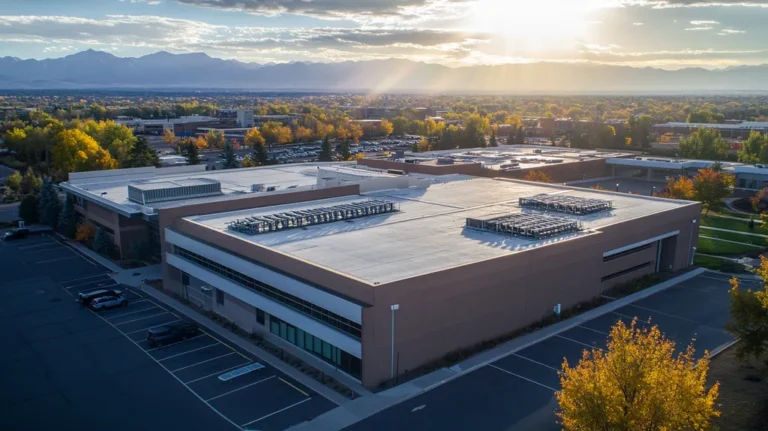A commercial roof on a research laboratory in a location similar to Denver with a light beams aesthetic (AI image)