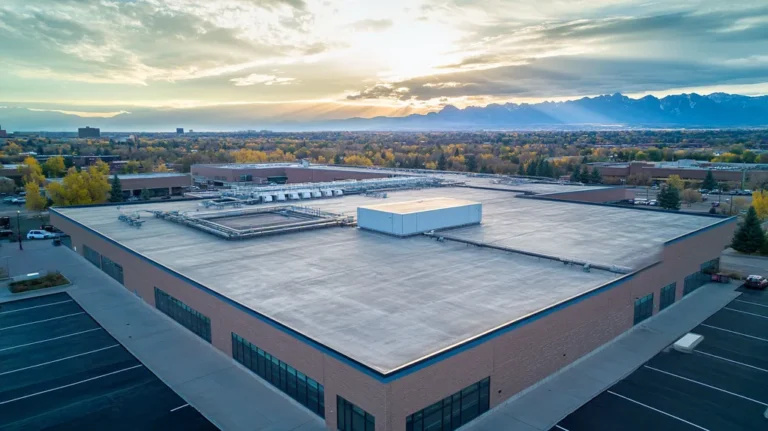 A commercial roof on a research laboratory in a location similar to Denver with a light beams aesthetic (AI image)