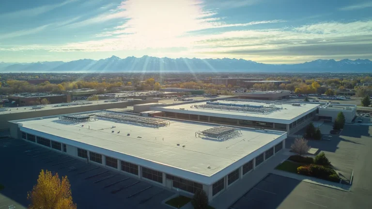 A commercial roof on a research laboratory in a location similar to Denver with a light beams aesthetic (AI image)