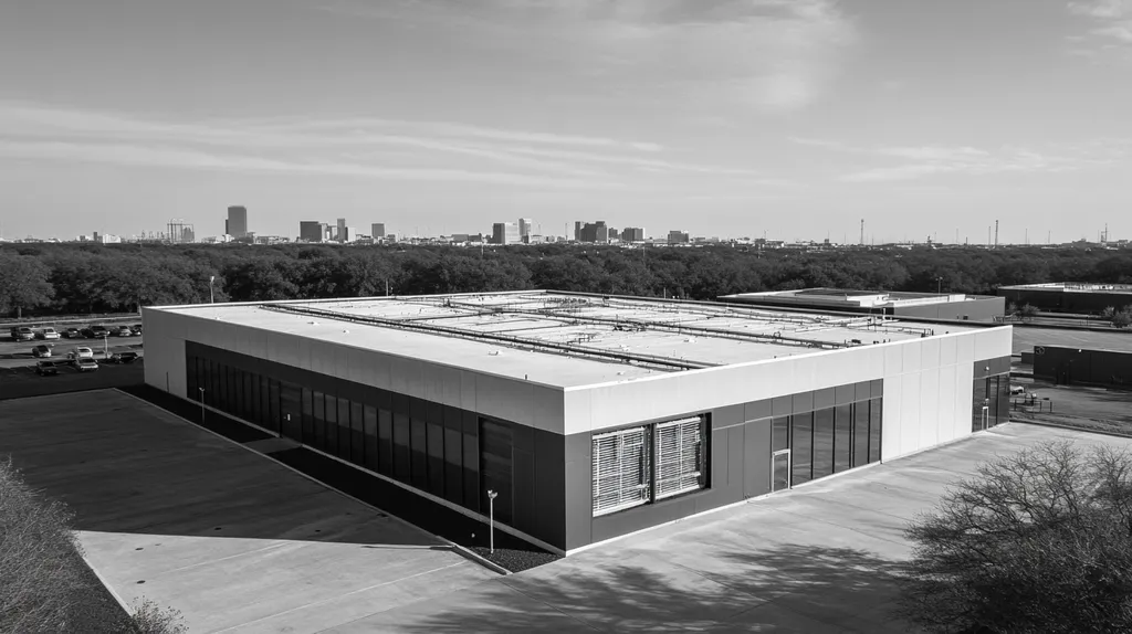 A commercial roof on a research laboratory in a location similar to Houston with a black and white photography aesthetic (AI image)