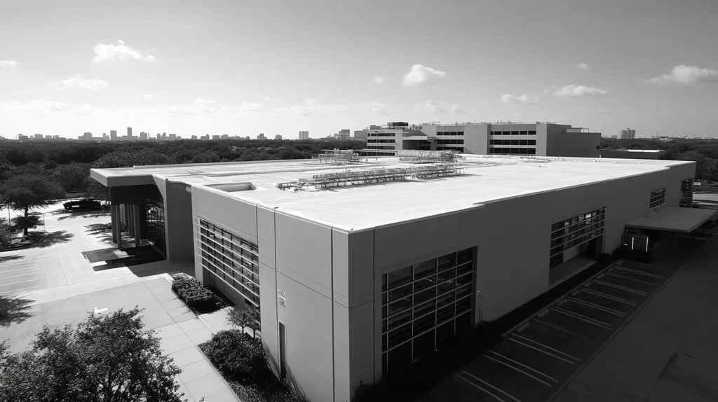 A commercial roof on a research laboratory in a location similar to Houston with a black and white photography aesthetic (AI image)