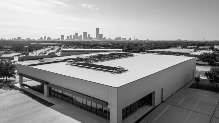 A commercial roof on a laboratory in a location similar to Houston with a black and white photography aesthetic (AI image)