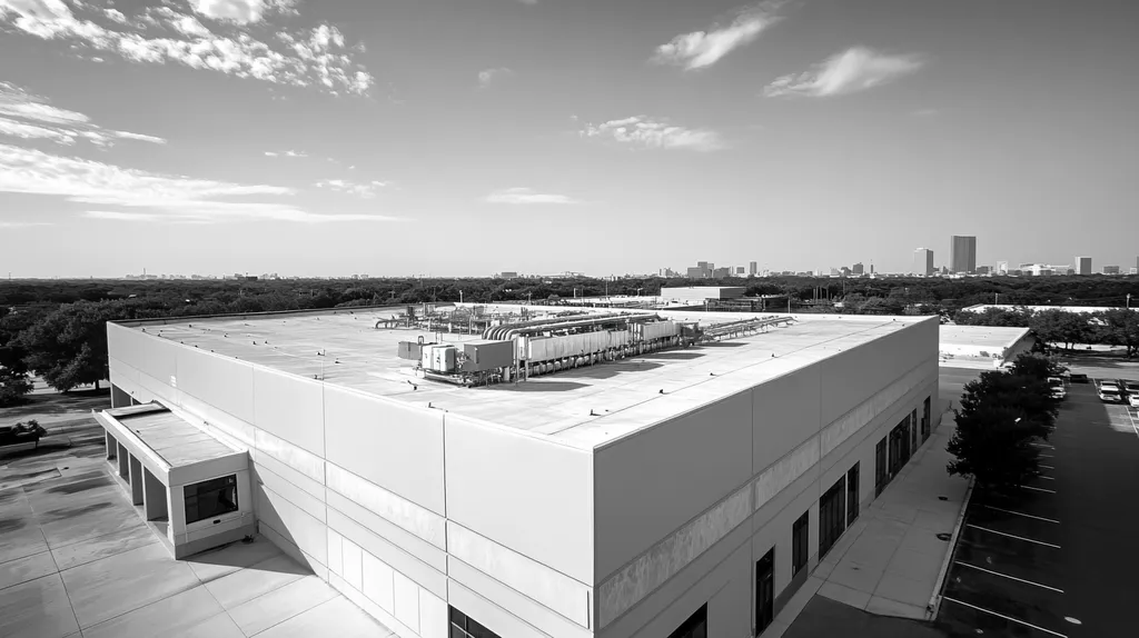 A commercial roof on a research laboratory in a location similar to Houston with a black and white photography aesthetic (AI image)
