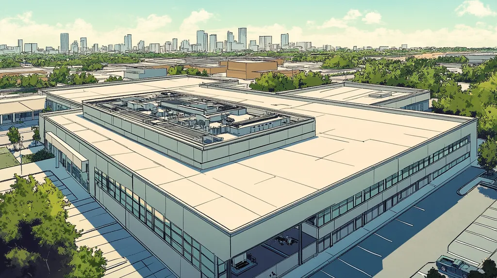 A commercial roof on a research laboratory in a location similar to Houston with a comic book style aesthetic (AI image)