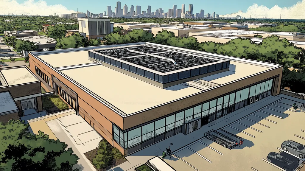 A commercial roof on a research laboratory in a location similar to Houston with a comic book style aesthetic (AI image)