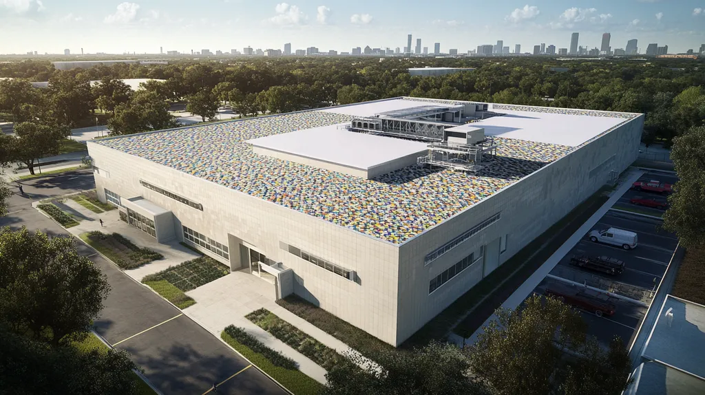 A commercial roof on a research laboratory in a location similar to Houston with a mosaic tile art aesthetic (AI image)