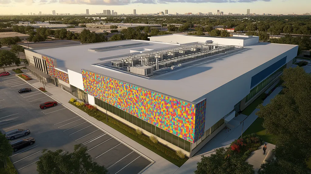 A commercial roof on a laboratory in a location similar to Houston with a mosaic tile art aesthetic (AI image)