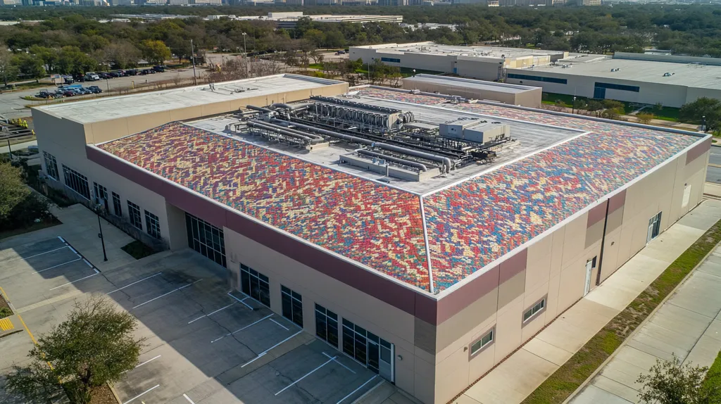 A commercial roof on a research laboratory in a location similar to Houston with a mosaic tile art aesthetic (AI image)