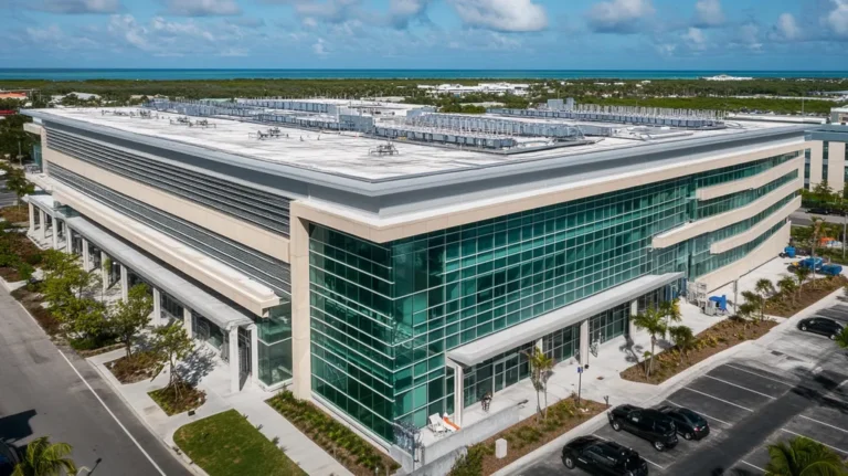 A commercial roof on a research laboratory in a location similar to Key West with a cross-processed look aesthetic (AI image)