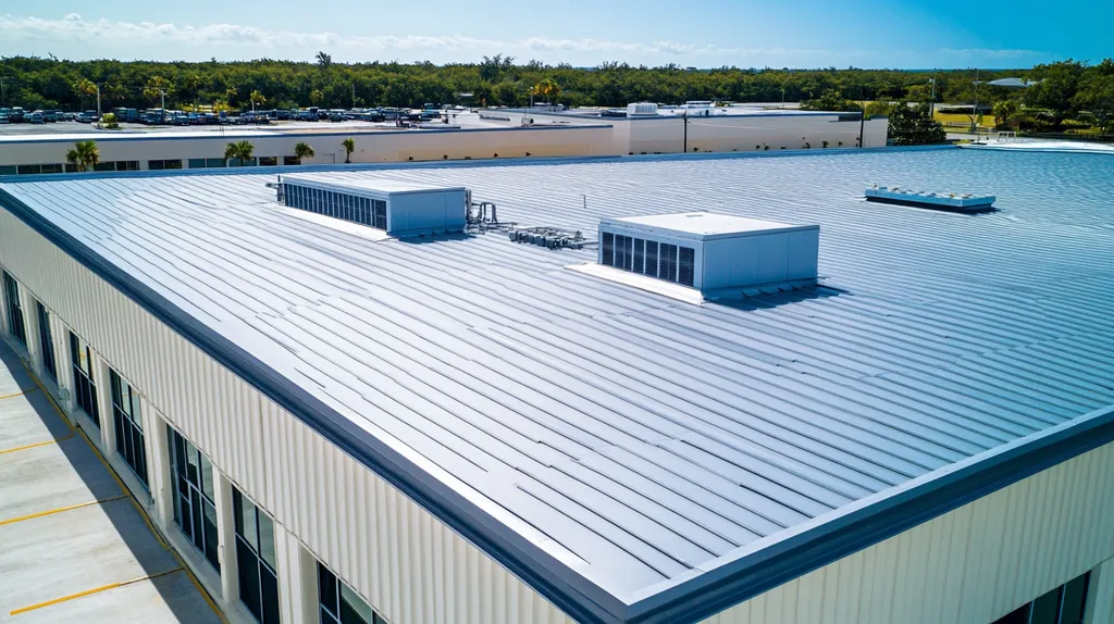 A commercial roof on a research laboratory in a location similar to Key West with a cross-processed look aesthetic (AI image)