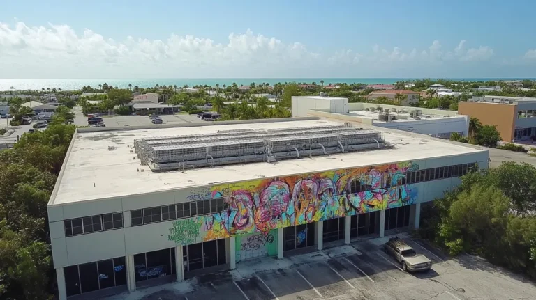 A commercial roof on a research laboratory in a location similar to Key West with a graffiti mural aesthetic (AI image)
