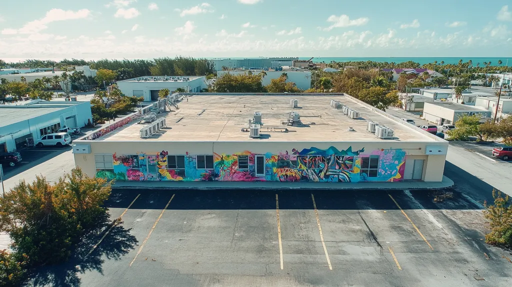 A commercial roof on a research laboratory in a location similar to Key West with a graffiti mural aesthetic (AI image)