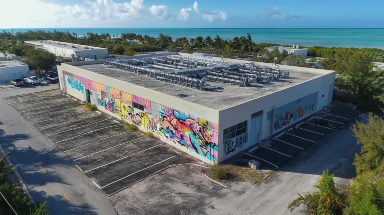 A commercial roof on a research laboratory in a location similar to Key West with a graffiti mural aesthetic (AI image)