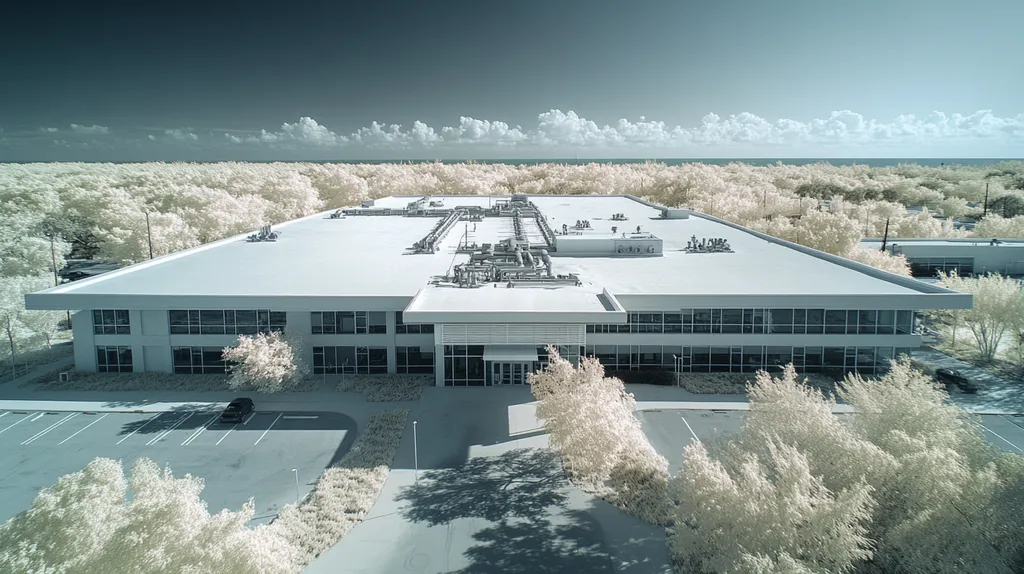 A commercial roof on a research laboratory in a location similar to Key West with an infrared photography aesthetic (AI image)