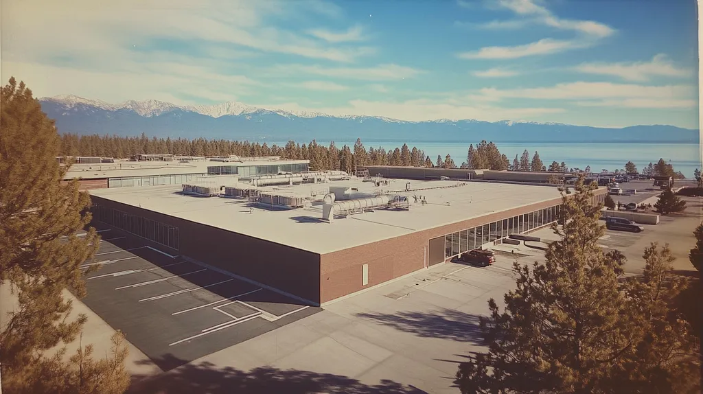 A commercial roof on a research laboratory in a location similar to Lake Tahoe with a Polaroid aesthetic (AI image)