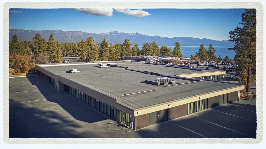 A commercial roof on a research laboratory in a location similar to Lake Tahoe with a Polaroid aesthetic (AI image)