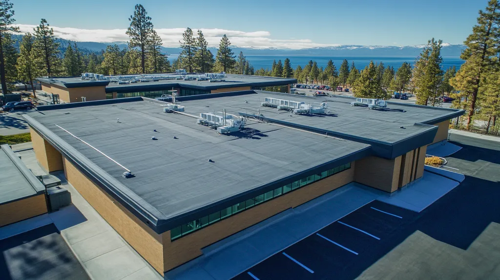 A commercial roof on a research laboratory in a location similar to Lake Tahoe with a cross-processed look aesthetic (AI image)