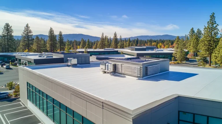A commercial roof on a research laboratory in a location similar to Lake Tahoe with a cross-processed look aesthetic (AI image)