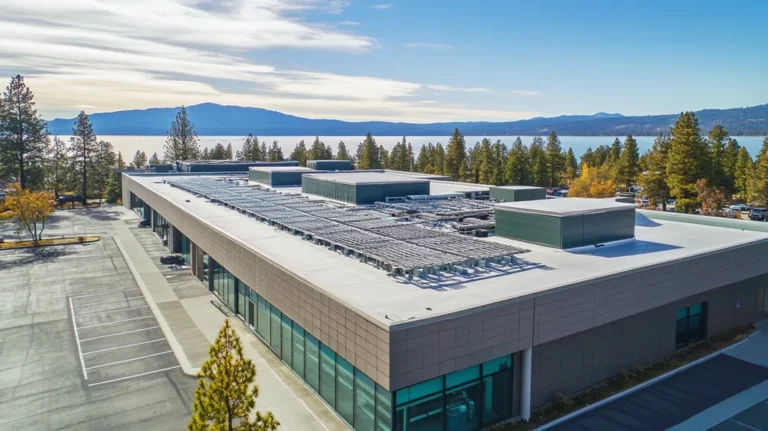 A commercial roof on a research laboratory in a location similar to Lake Tahoe with a cross-processed look aesthetic (AI image)