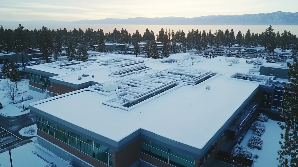 A commercial roof on a research laboratory in a location similar to Lake Tahoe with a snowy day aesthetic (AI image)