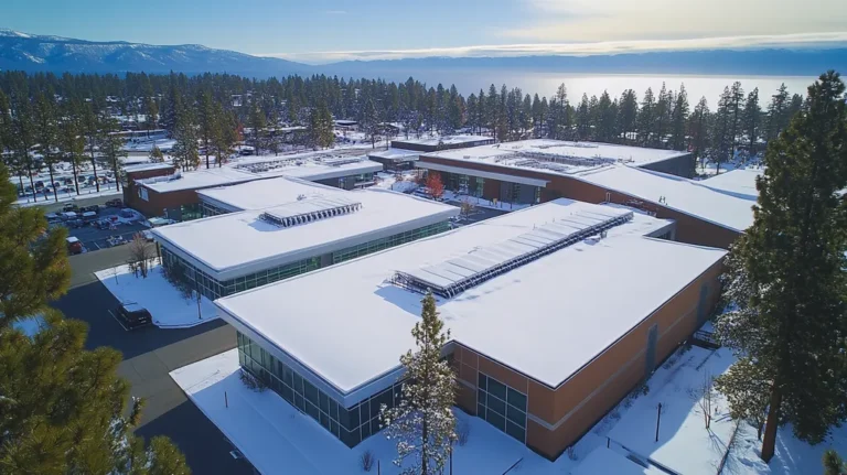 A commercial roof on a laboratory in a location similar to Lake Tahoe with a snowy day aesthetic (AI image)