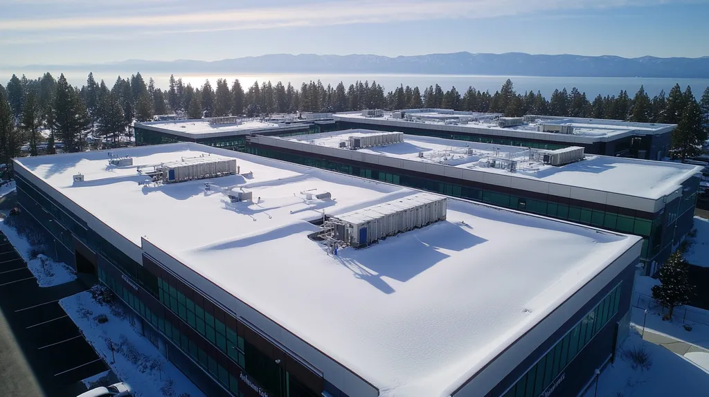 A commercial roof on a laboratory in a location similar to Lake Tahoe with a snowy day aesthetic (AI image)