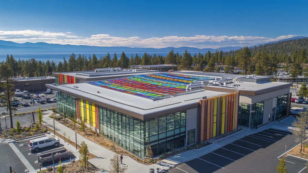 A commercial roof on a laboratory in a location similar to Lake Tahoe with a stained glass style aesthetic (AI image)