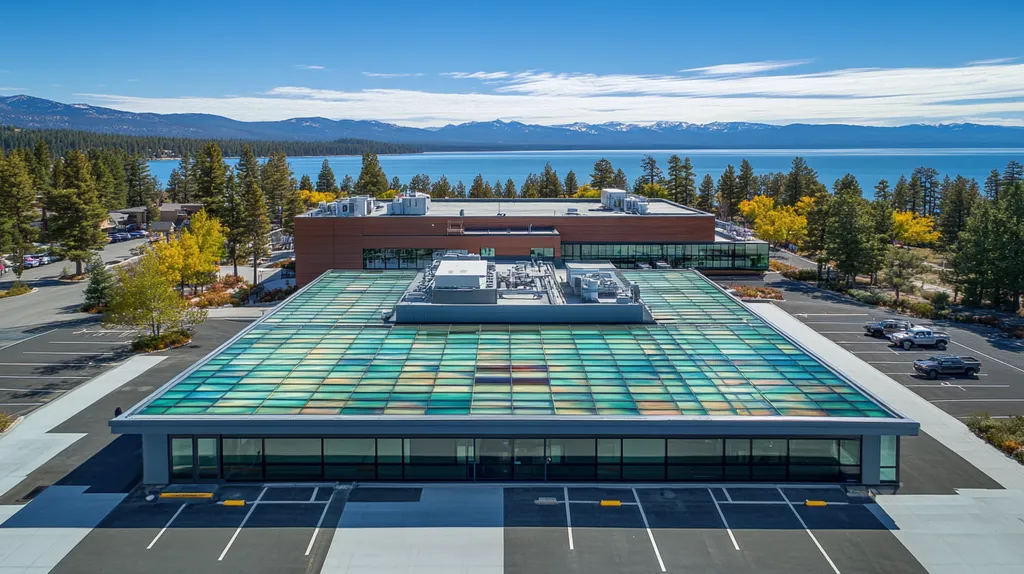 A commercial roof on a research laboratory in a location similar to Lake Tahoe with a stained glass style aesthetic (AI image)
