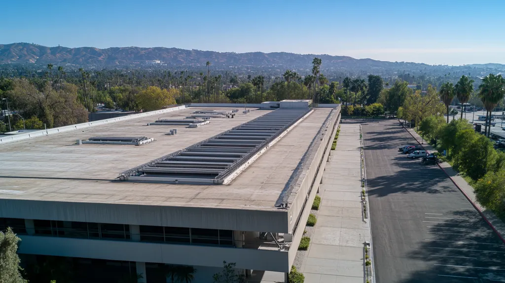 A commercial roof on a research laboratory in a location similar to Los Angeles with an architectural photography aesthetic (AI image)