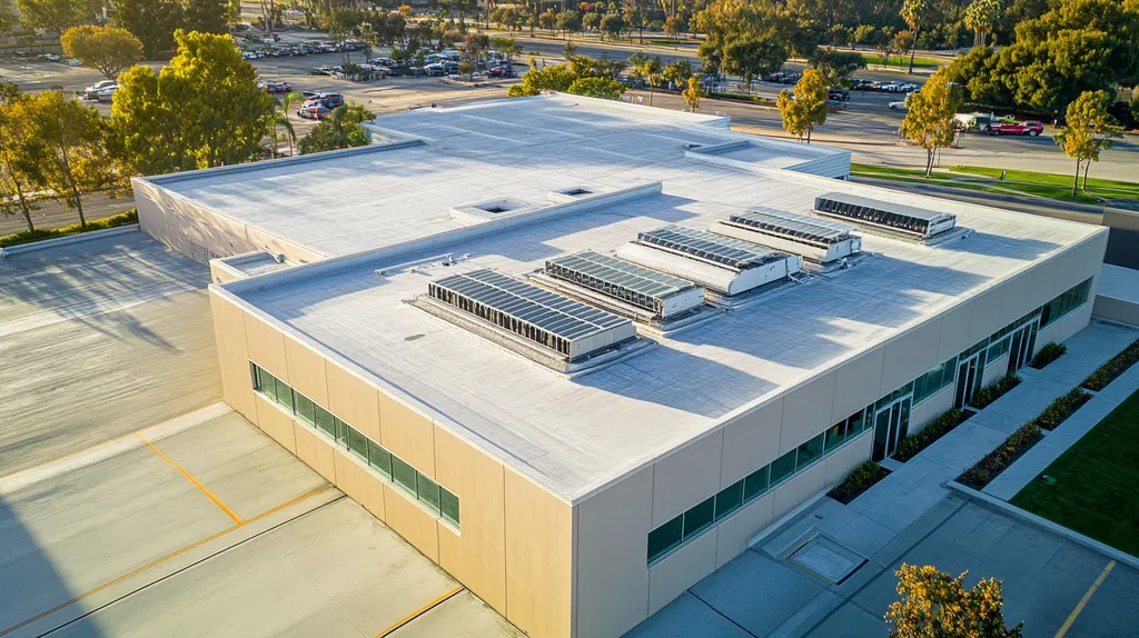 A commercial roof on a research laboratory in a location similar to Los Angeles with an architectural photography aesthetic (AI image)