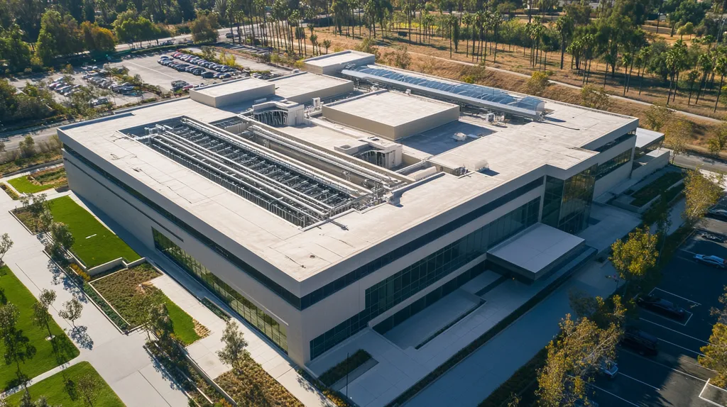 A commercial roof on a research laboratory in a location similar to Los Angeles with an architectural photography aesthetic (AI image)